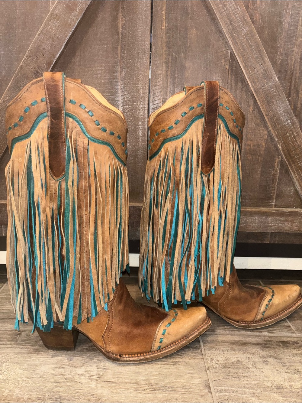 Fringed Leather Heeled Cowboy Boots in Brown and Teal - Picture 2 of 3